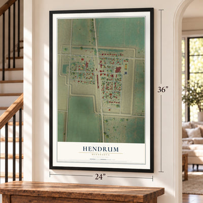 Hendrum, Minnesota map, 24 x 36 inch print in a black frame by a staircase