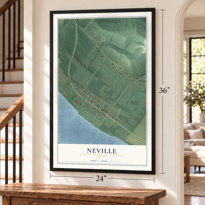 Neville, Ohio map, 24 x 36 inch print in a black frame by a staircase