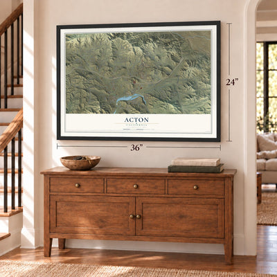 Acton, California map, 24 x 36 inch print in a black frame above a dresser by a staircase
