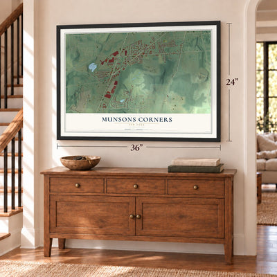 Munsons Corners, New York map, 24 x 36 inch print in a black frame above a dresser by a staircase