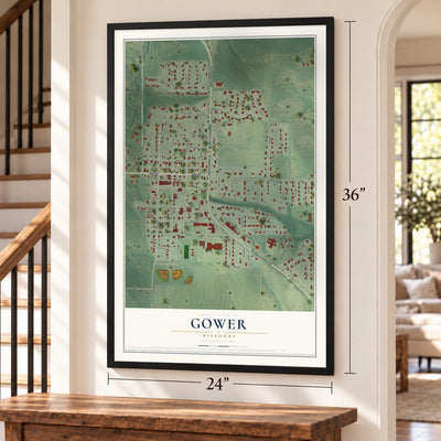Gower, Missouri map, 24 x 36 inch print in a black frame by a staircase