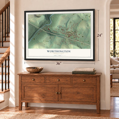 Worthington, Pennsylvania map, 24 x 36 inch print in a black frame above a dresser by a staircase