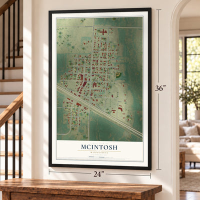 McIntosh, Minnesota map, 24 x 36 inch print in a black frame by a staircase