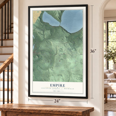 Empire, Leelanau County, Michigan map, 24 x 36 inch print in a black frame by a staircase