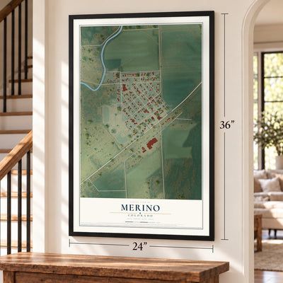 Merino, Colorado map, 24 x 36 inch print in a black frame by a staircase