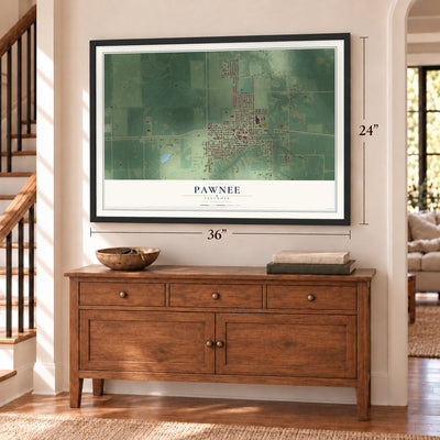 Pawnee, Illinois map, 24 x 36 inch print in a black frame above a dresser by a staircase