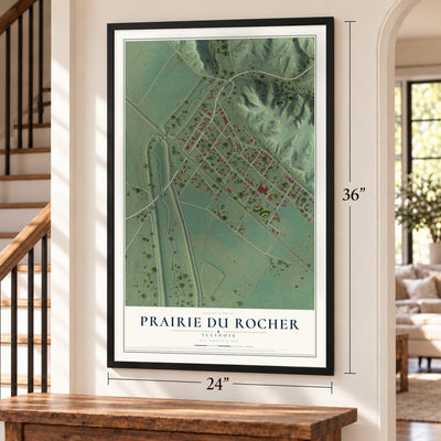Prairie du Rocher, Illinois map, 24 x 36 inch print in a black frame by a staircase
