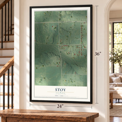 Stoy, Illinois map, 24 x 36 inch print in a black frame by a staircase