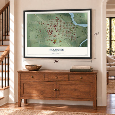 Scribner, Nebraska map, 24 x 36 inch print in a black frame above a dresser by a staircase