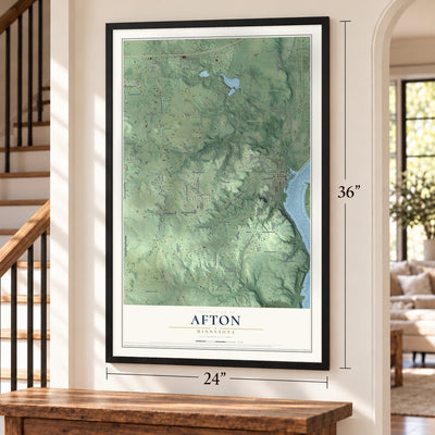 Afton, Minnesota map, 24 x 36 inch print in a black frame by a staircase
