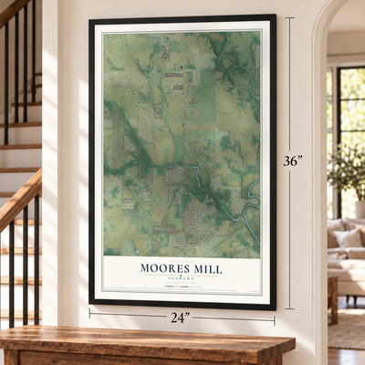 Moores Mill, Alabama map, 24 x 36 inch print in a black frame by a staircase