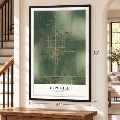 Cowgill, Missouri map, 24 x 36 inch print in a black frame by a staircase