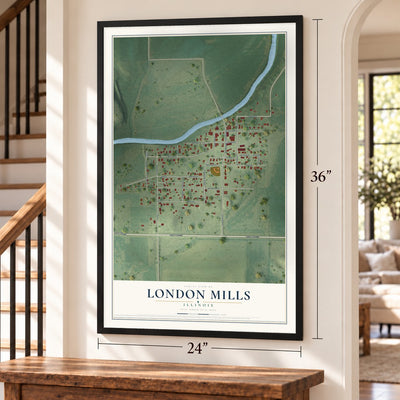 London Mills, Illinois map, 24 x 36 inch print in a black frame by a staircase