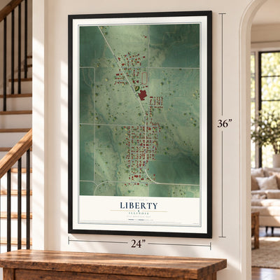 Liberty, Illinois map, 24 x 36 inch print in a black frame by a staircase