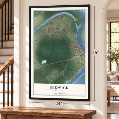 Berwick, Louisiana map, 24 x 36 inch print in a black frame by a staircase