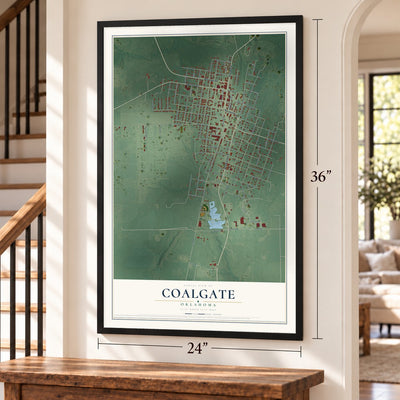 Coalgate, Oklahoma map, 24 x 36 inch print in a black frame by a staircase