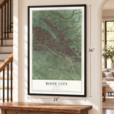 Boise City, Idaho map, 24 x 36 inch print in a black frame by a staircase