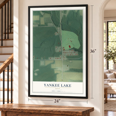 Yankee Lake, Ohio map, 24 x 36 inch print in a black frame by a staircase