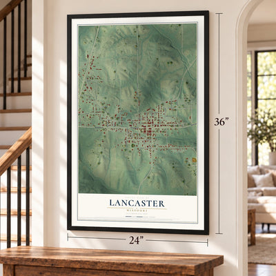 Lancaster, Missouri map, 24 x 36 inch print in a black frame by a staircase