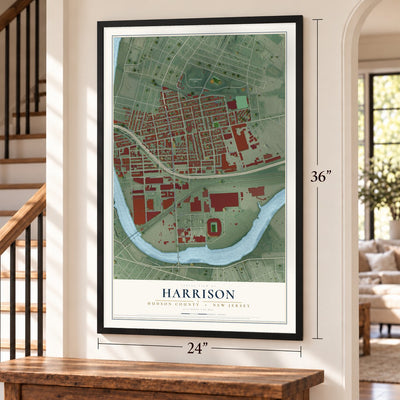 Harrison, Hudson County, New Jersey map, 24 x 36 inch print in a black frame by a staircase