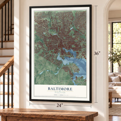 Baltimore, Maryland map, 24 x 36 inch print in a black frame by a staircase