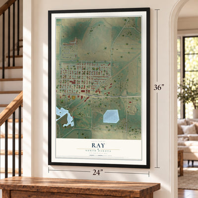 Ray, North Dakota map, 24 x 36 inch print in a black frame by a staircase