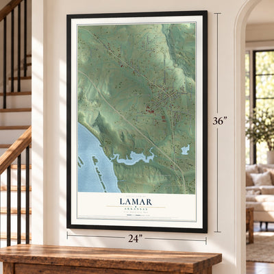 Lamar, Arkansas map, 24 x 36 inch print in a black frame by a staircase