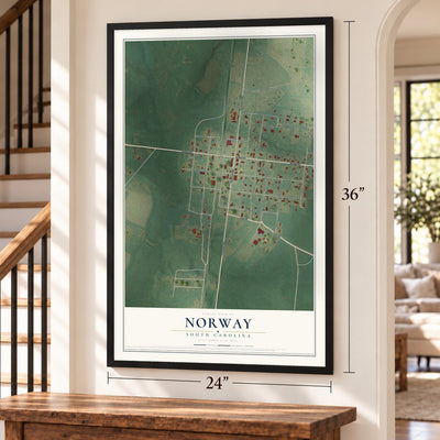Norway, South Carolina map, 24 x 36 inch print in a black frame by a staircase