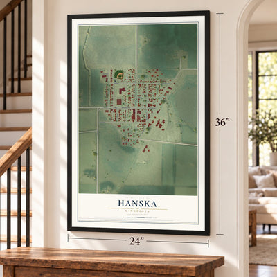 Hanska, Minnesota map, 24 x 36 inch print in a black frame by a staircase