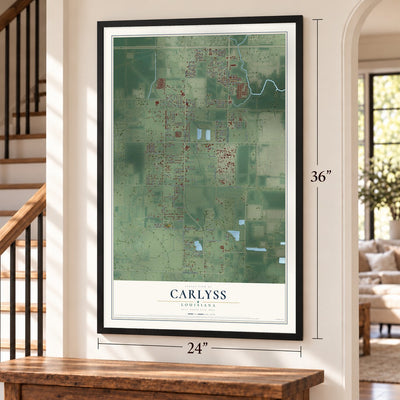 Carlyss, Louisiana map, 24 x 36 inch print in a black frame by a staircase