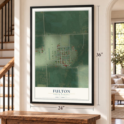 Fulton, South Dakota map, 24 x 36 inch print in a black frame by a staircase