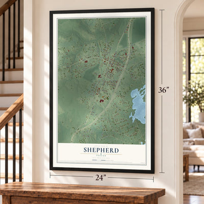 Shepherd, Texas map, 24 x 36 inch print in a black frame by a staircase