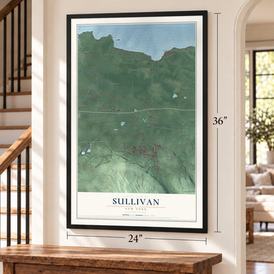 Sullivan, New York map, 24 x 36 inch print in a black frame by a staircase