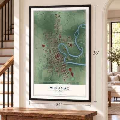 Winamac, Indiana map, 24 x 36 inch print in a black frame by a staircase