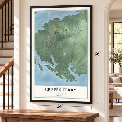 Greers Ferry, Arkansas map, 24 x 36 inch print in a black frame by a staircase