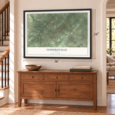 Fishersville, Virginia map, 24 x 36 inch print in a black frame above a dresser by a staircase