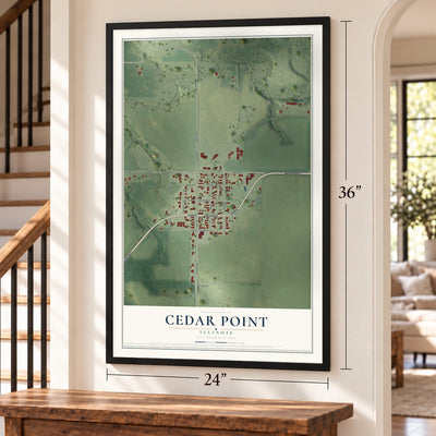 Cedar Point, Illinois map, 24 x 36 inch print in a black frame by a staircase