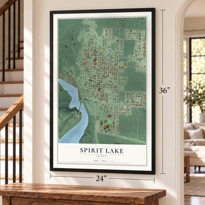 Spirit Lake, Idaho map, 24 x 36 inch print in a black frame by a staircase