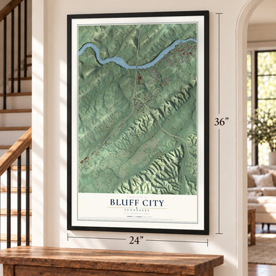 Bluff City, Tennessee map, 24 x 36 inch print in a black frame by a staircase