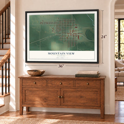 Mountain View, Oklahoma map, 24 x 36 inch print in a black frame above a dresser by a staircase