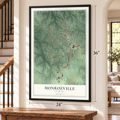 Monroeville, Alabama map, 24 x 36 inch print in a black frame by a staircase