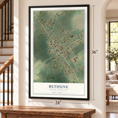 Bethune, South Carolina map, 24 x 36 inch print in a black frame by a staircase