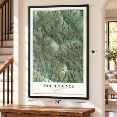 Independence, Virginia map, 24 x 36 inch print in a black frame by a staircase