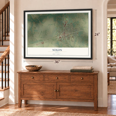 Nixon, Texas map, 24 x 36 inch print in a black frame above a dresser by a staircase