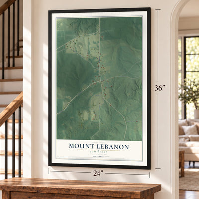 Mount Lebanon, Louisiana map, 24 x 36 inch print in a black frame by a staircase