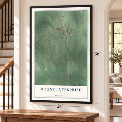 Mount Enterprise, Texas map, 24 x 36 inch print in a black frame by a staircase