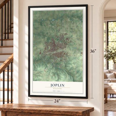 Joplin, Missouri map, 24 x 36 inch print in a black frame by a staircase