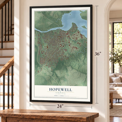 Hopewell, Virginia map, 24 x 36 inch print in a black frame by a staircase