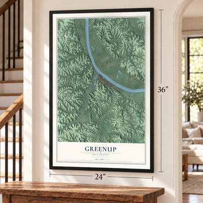 Greenup, Kentucky map, 24 x 36 inch print in a black frame by a staircase