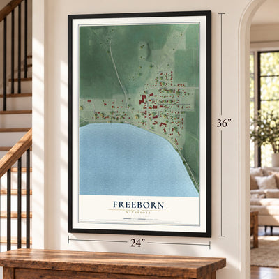 Freeborn, Minnesota map, 24 x 36 inch print in a black frame by a staircase